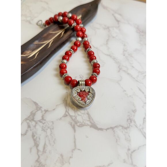 Sterling Silver Millefiori Heart & Red Carnelian Agate Necklace - Picture 4 of 8